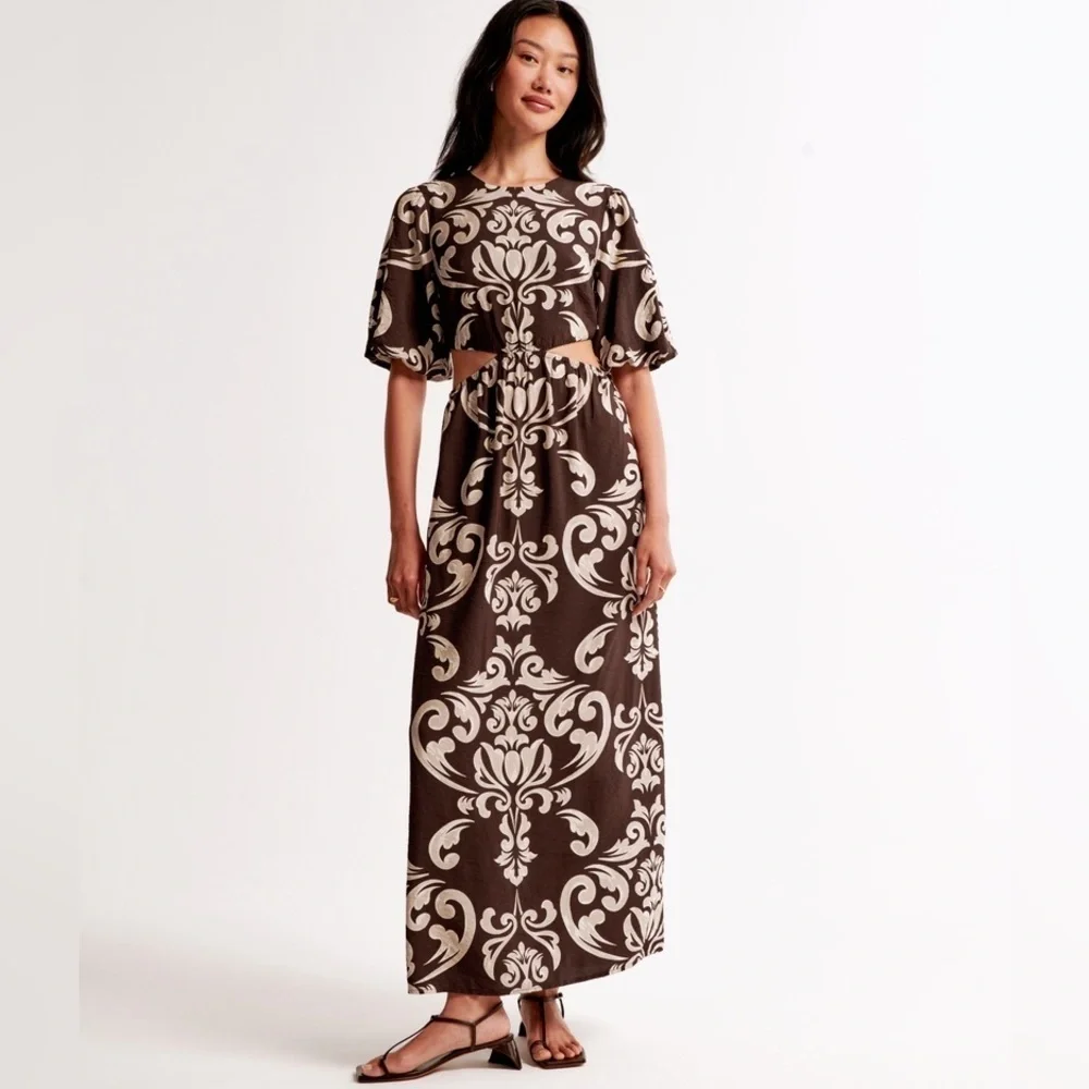 Abercrombie & Fitch Short Puff Sleeve Cutout Maxi Dress Brown Tan Floral Pattern